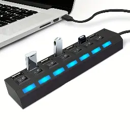 🔌 موزّع USB بـ 7 منافذ مع إضاءة LED (USB 2.0) مع زر تشغيل/إيقاف مستقل)